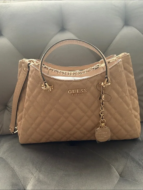GUESS Quilted Satchel in Taupe with Gold Hardware
