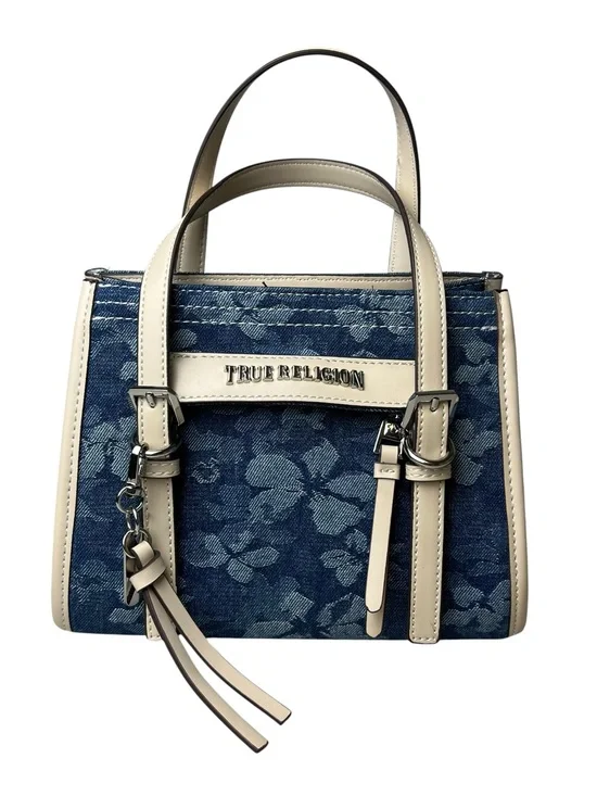 True Religion Blue Floral Denim Tote Purse Shoulder Bag with Cream Trim