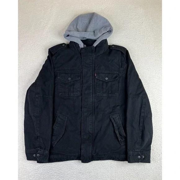Levis Jacket Mens Large Black Canvas Military Hooded Sherpa Lined Full Zip