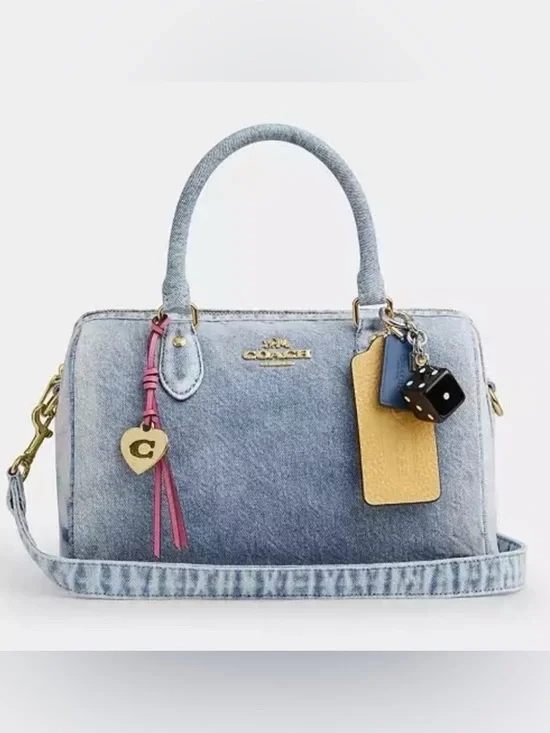 Coach Light Blue Denim Satchel with Pink and Gold Accents