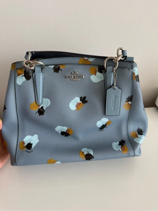 Coach Light Blue Floral Leather Satchel with Mustard Accents