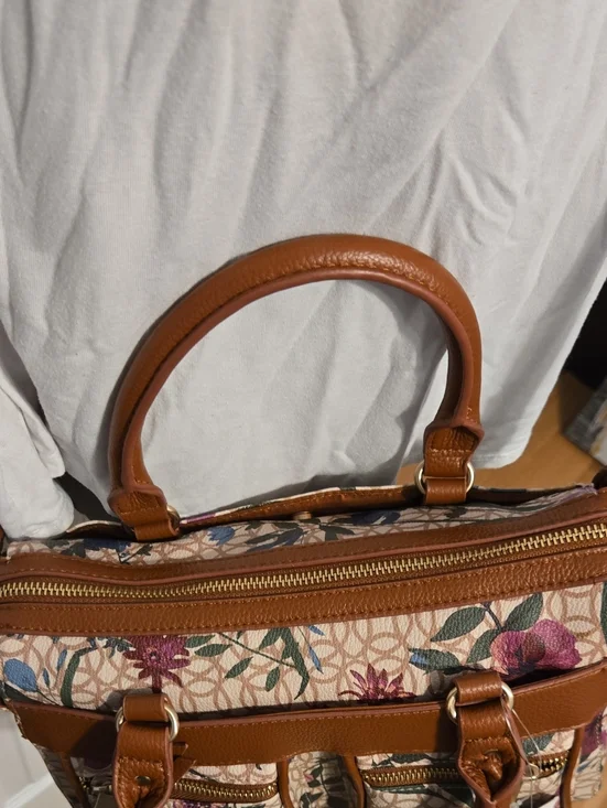 Floral Satchel Handbag With Ctossbody Strap - Brown Trim