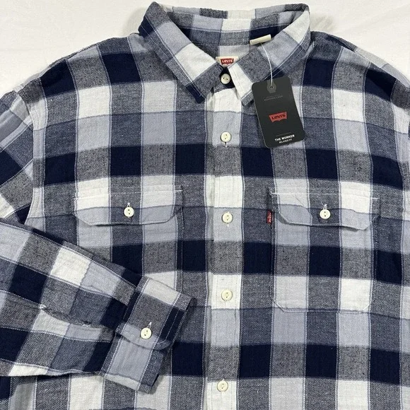 LEVI'S THE WORKER RELAXED FIT MENS XXL Blue‎ White Plaid FLANNEL LONG SLEEVE NWT