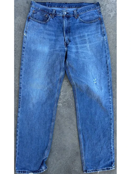 Levis 550 Denim Blue Jens Light Wash Thigh Fade Button Zip Distressed 38Wx36L