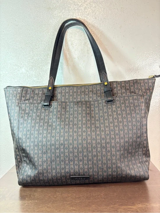 Fossil Dark Brown Monogram Canvas Tote with Black Handles
