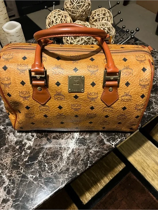 MCM Cognac Visetos Barrel Duffel with Tan Handles like a speedy 35