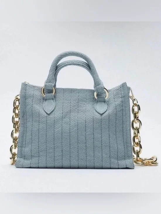 ZARA Light Blue Small Satchel Top Handle Zip Bag Gold Hardware Detachable Strap