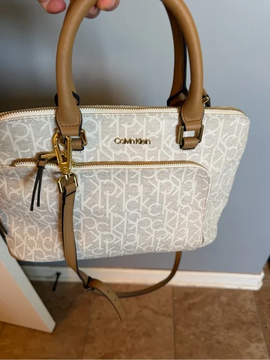 Calvin Klein Cream Logo Satchel with Brown Trim and Gold Hardware