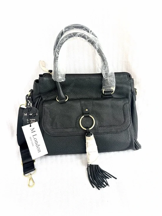 NWT!  M. London Black Leather Satchel Handbag with Crossbody, Tassel Detail