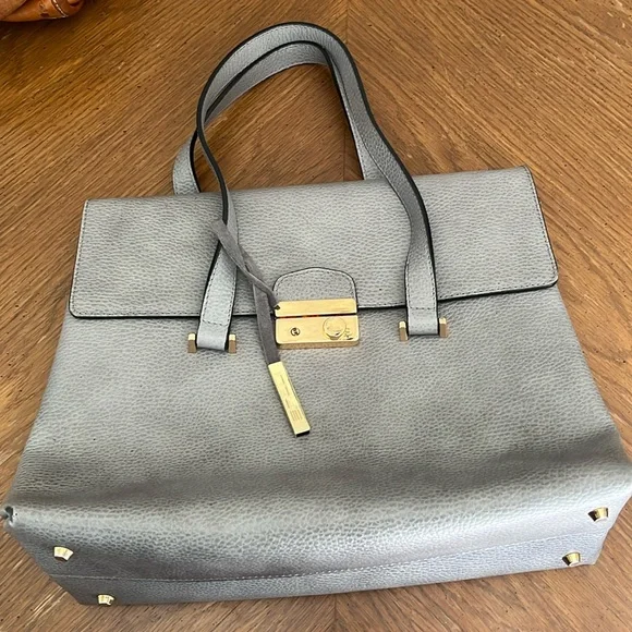Innue Italian gray pebble leather structured satchel shoulder bag w/ gold clasp