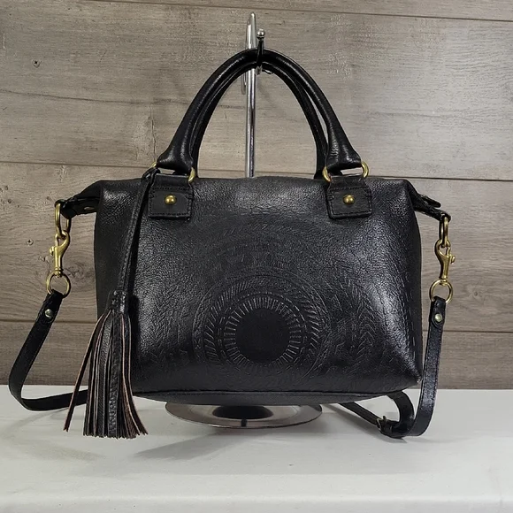 Isabella Fiore Black Tooled Leather Satchel Crossbody Shoulder Bag with Tassel