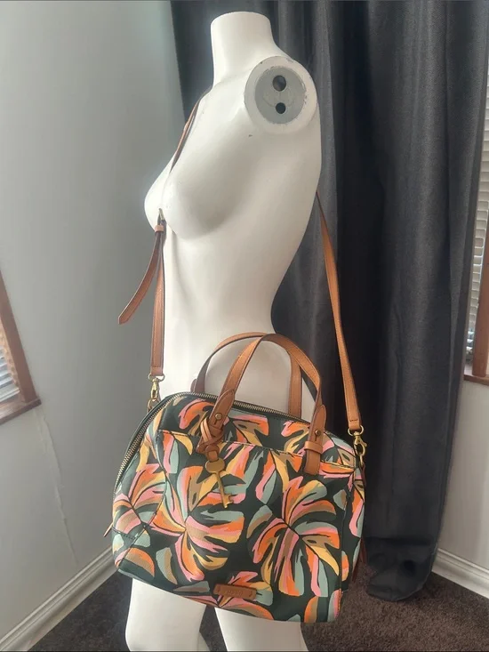 Fossil Rachel Tropical Leaf Print Pink/Green satchel/crossbody