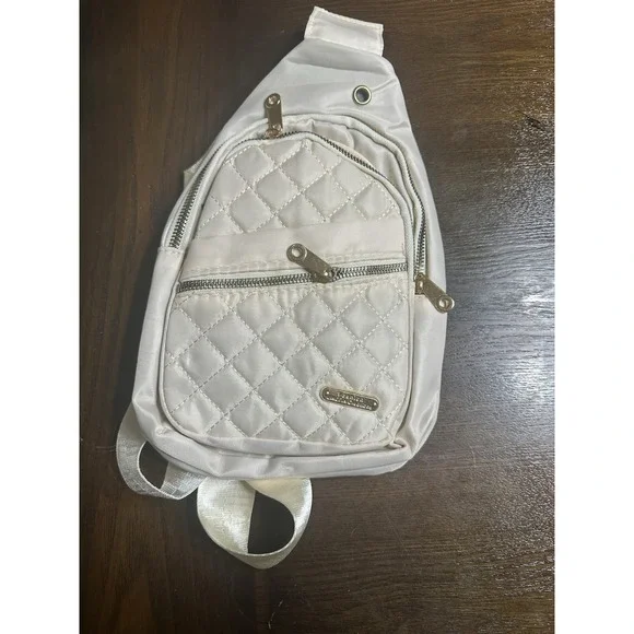 Ivory Quilted Sling Bag Zip Closure Adjustable Strap Women Casual Gold Hardware