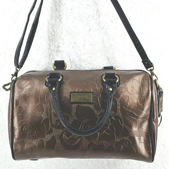 Gigi Hill Metallic Copper Floral Embossed Faux Leather Satchel Crossbody