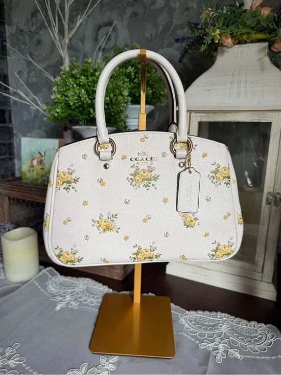 NWT Coach Cream Yellow Leather Floral Savannah Carryall Satchel Purse Handbag