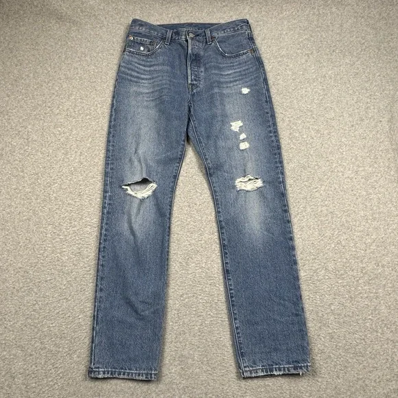 Levis 501 Button Fly Jeans Mens 28x30 Straight Cotton Denim Red‎ Tab Distressed