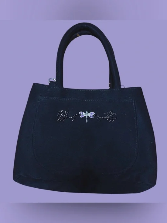 Y2K Black Women's Top-Handle Bag with beaded Dragonfly Accent