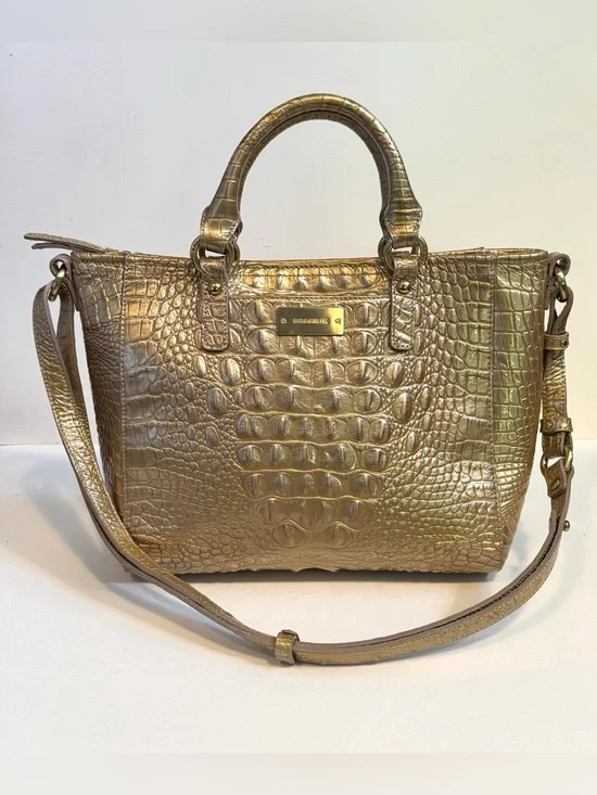 Rare New Brahmin Croc Mini Arno Fizz Glossy Gold Tan NWT