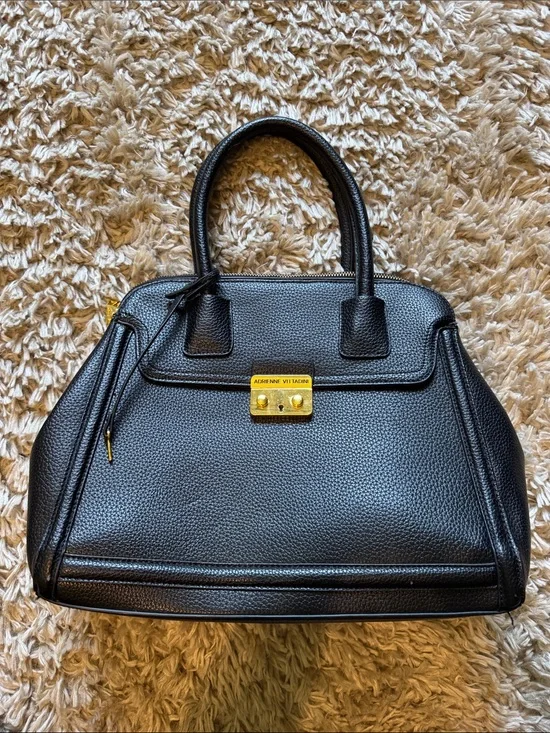 Adrienne Vittadini Black Pebbled Leather Satchel with Gold Lock