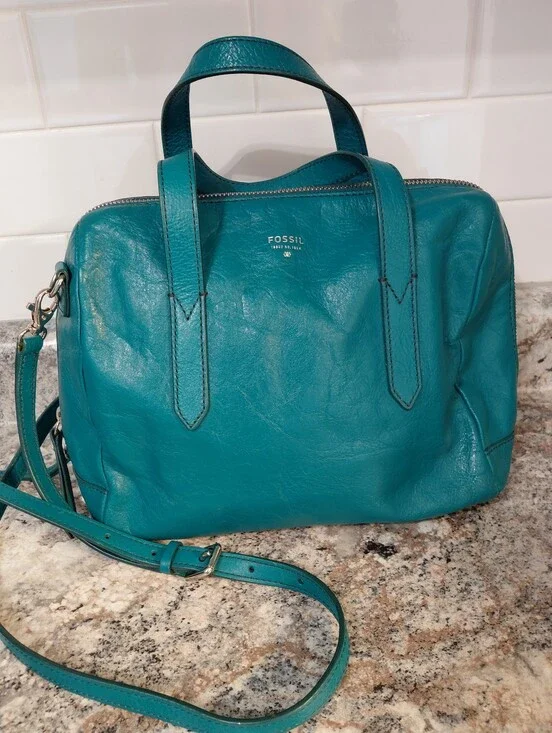 Fossil Teal Leather Satchel Bag Purse With Removable Strap
