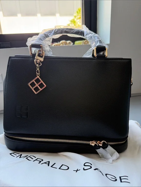 Black Structured Top-Handle Satchel with Gold Charm