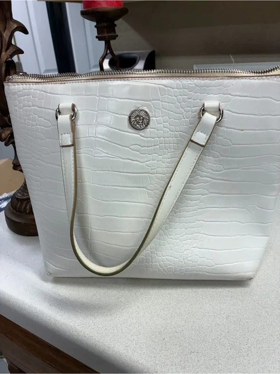 Anne Klein White Croc-Embossed Satchel with Zip Top