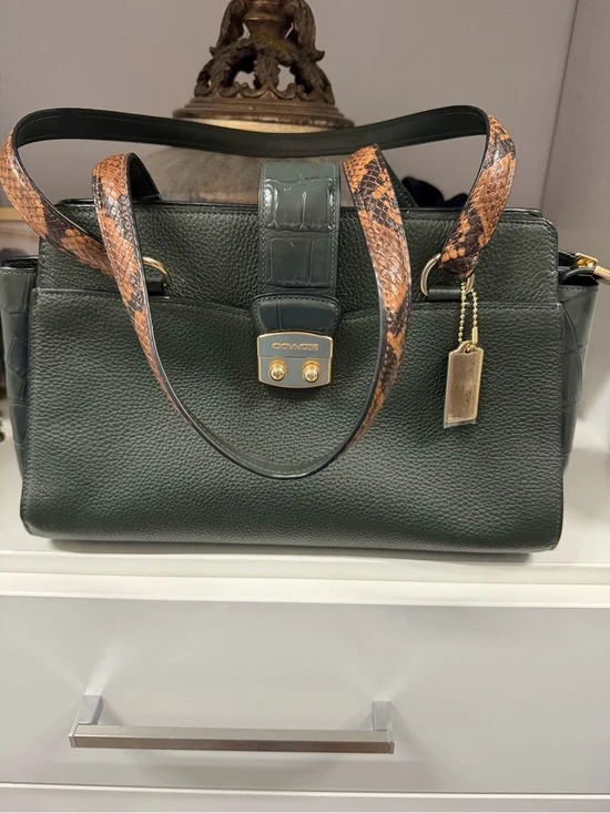 Coach Forest Green Pebbled Leather Satchel with Snake-Print Straps