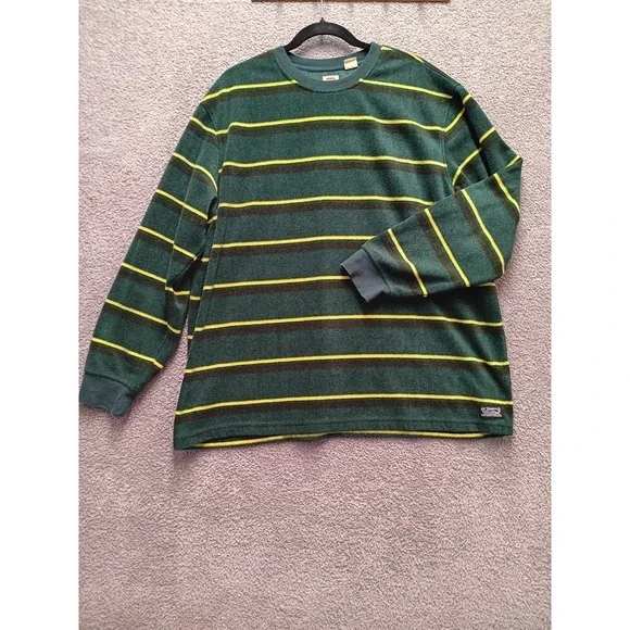 Levi's Relaxed Striped‎ Fleece Sweatshirt Men L Green Yellow Long Sleeve