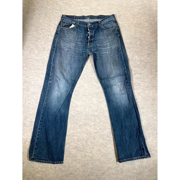Levis 501 Original Fit‎ Jeans Mens 36x34 Blue Whisker Denim Cotton Logo Mid Rise