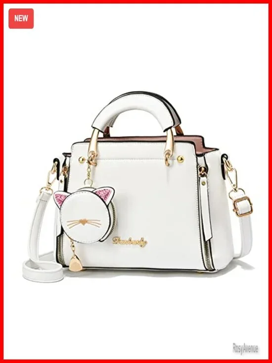 PU Leather Crossbody Satchel Bag with Kitten Pendant