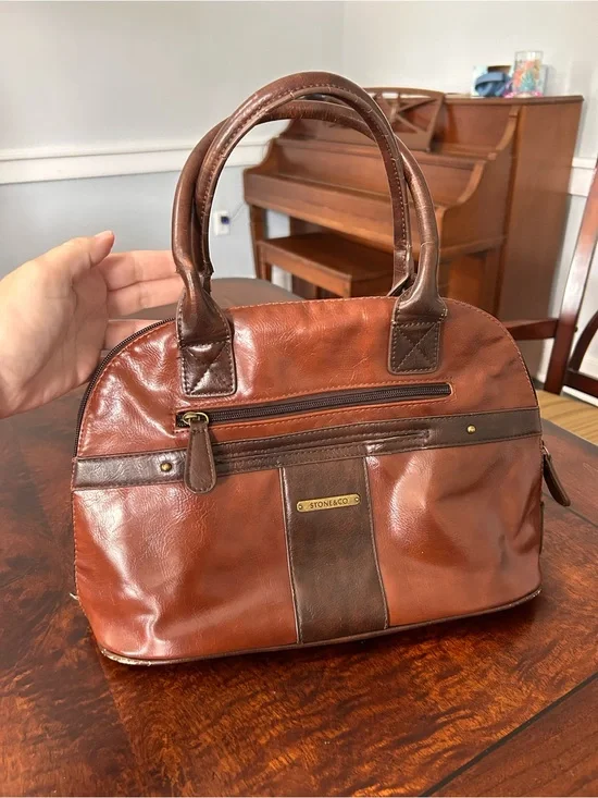 Stone & Co Purse Handbag Faux Leather Two Toned Brown Vintage Domed Satchel