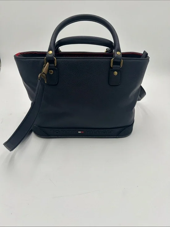 Y2K Tommy Hilfiger Navy Pebbled Leather Tote Bag  Detachable Crossbody Strap