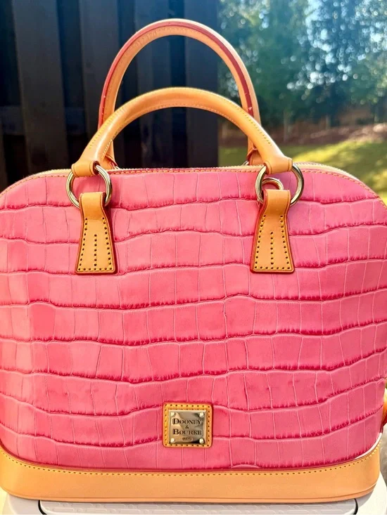 Like New - Dooney & Bourke Pink Croco-Embossed Satchel with Tan Trim