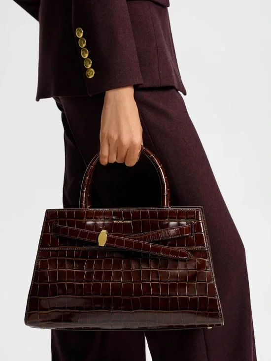 Veronica Beard Dash Bag Croc-Embossed Leather  Structured Top-Handle Chestnut