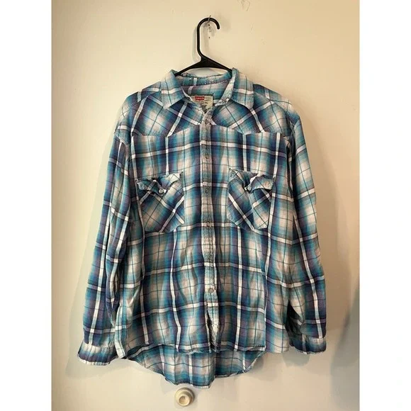 Levis Vintage 90s Y2k Distressed Plaid Pearl Snap‎ Button Down Womans Large Blue