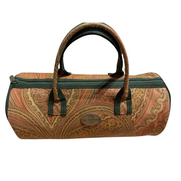 Etro Milano Vintage Paisley Barrel Bag Mini Duffle Brown Green Coated Canvas