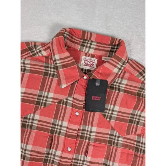 Levi's Flannel Pearl Snap Shirt Mens‎ XL Coral Brown Plaid Long Sleeve NWT