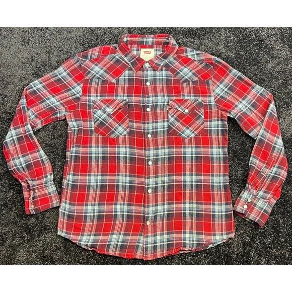 Levi's‎ Mens Flannel Western Shirt Red Blue Plaid LS Pearl Snap L 100% Cotton