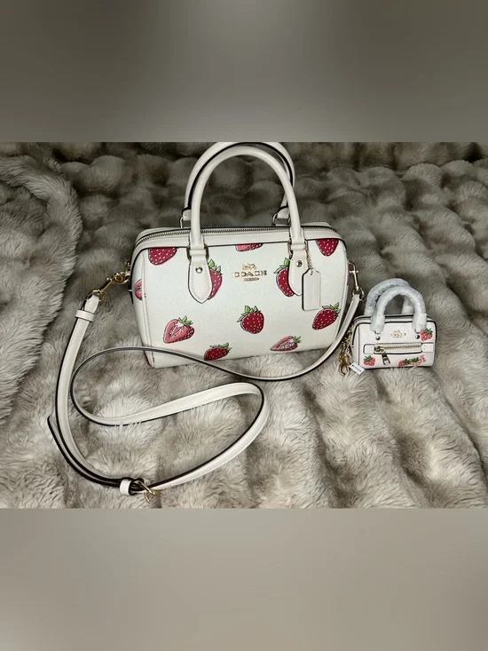 Coach Rowan Med & Micro White Strawberry Print Satchel Set ($653 total for set)
