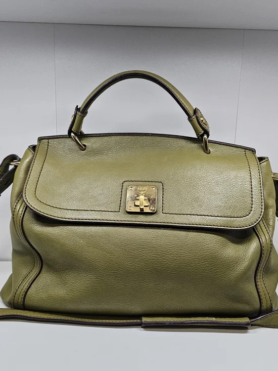 MCM Olive Green Leather Top-Handle Satchel with Gold Hardware