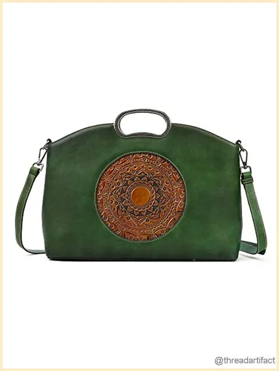 Genuine Leather Crossbody Satchel Handbag Vintage Embossed Totem Shoulder Bag