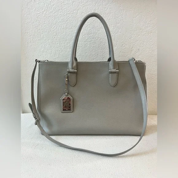 Lauren Ralph Lauren Gray Leather Newbury Double Zip Satchel Crossbody TotePurse