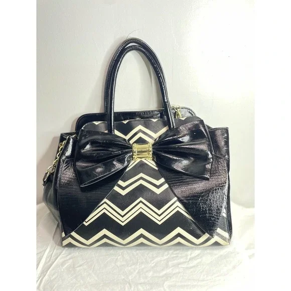 Betsey Johnson Black White Chevron Patent Bow Satchel Handbag