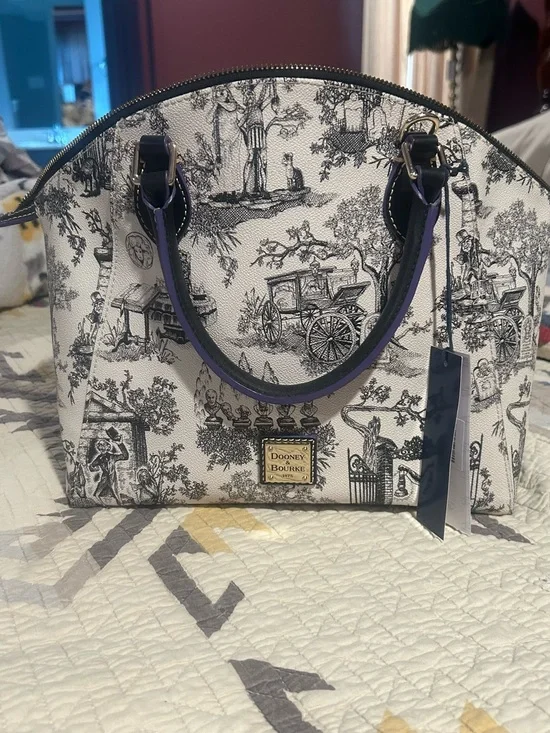 Dooney & Bourke Haunted Mansion Toile Satchel with Purple Trim
