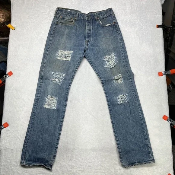 Levi's 501 Jeans Mens Blue Denim Distressed Mid Rise Straight Button Fly 32X32.5