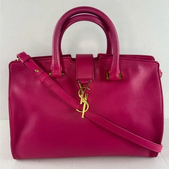 YVES SAINT LAURENT Fuchsia Calfskin Leather Small Cabas Crossbody Bag.