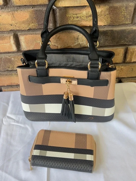 Striped Tan & Black Women's Satchel with Matching Wallet