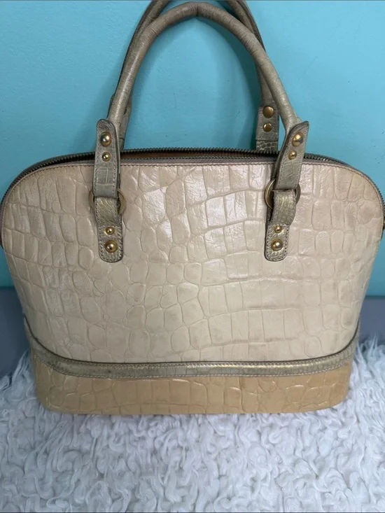 Brahmin Dome Classic Croc-Embossed Dome Satchel in Cream and Tan,NO LONG STRAP