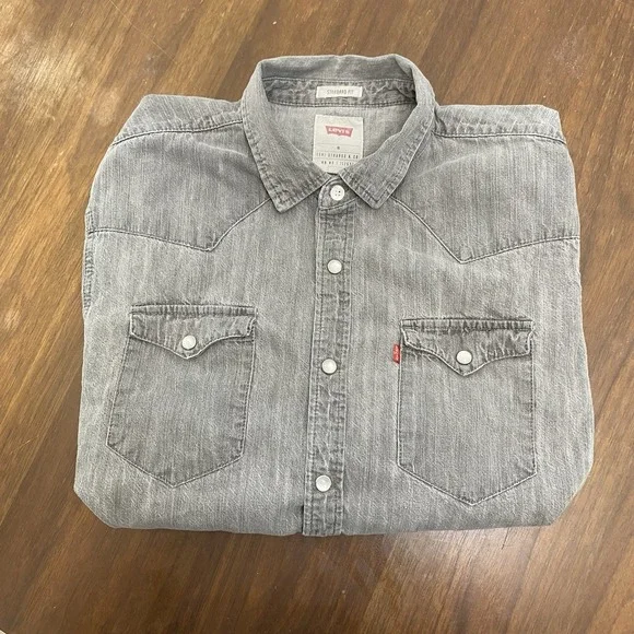 Levis Sawtooth Pearl Snap Shirt Medium Gray Button Up Casual Workwear