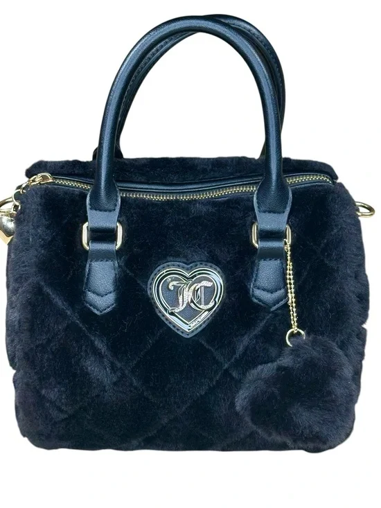 Juicy Couture Let's Get Cozy Black Faux Fur Satchel Purse Heart Logo No Flaws